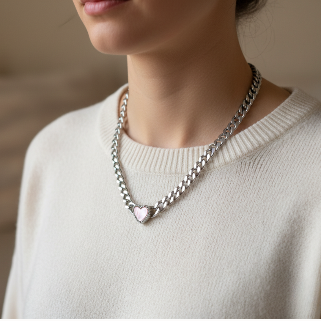 Elara Heart Necklace - Silver with Pink Gemstone